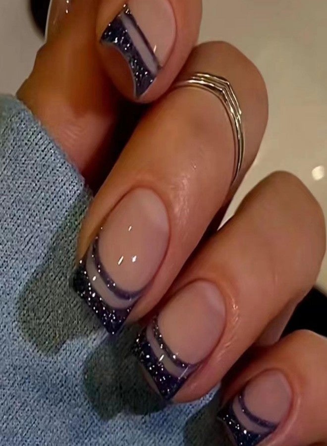 NBNTGH French Tip Press on Nails Short Square Fake Nails with Design Black Line False Nail Glitter Glue on Nails Glossy Full Cover Artificial Acrylic Nail Bling Nude Stick on Nail for Women Manicure 24pcs - Image 1